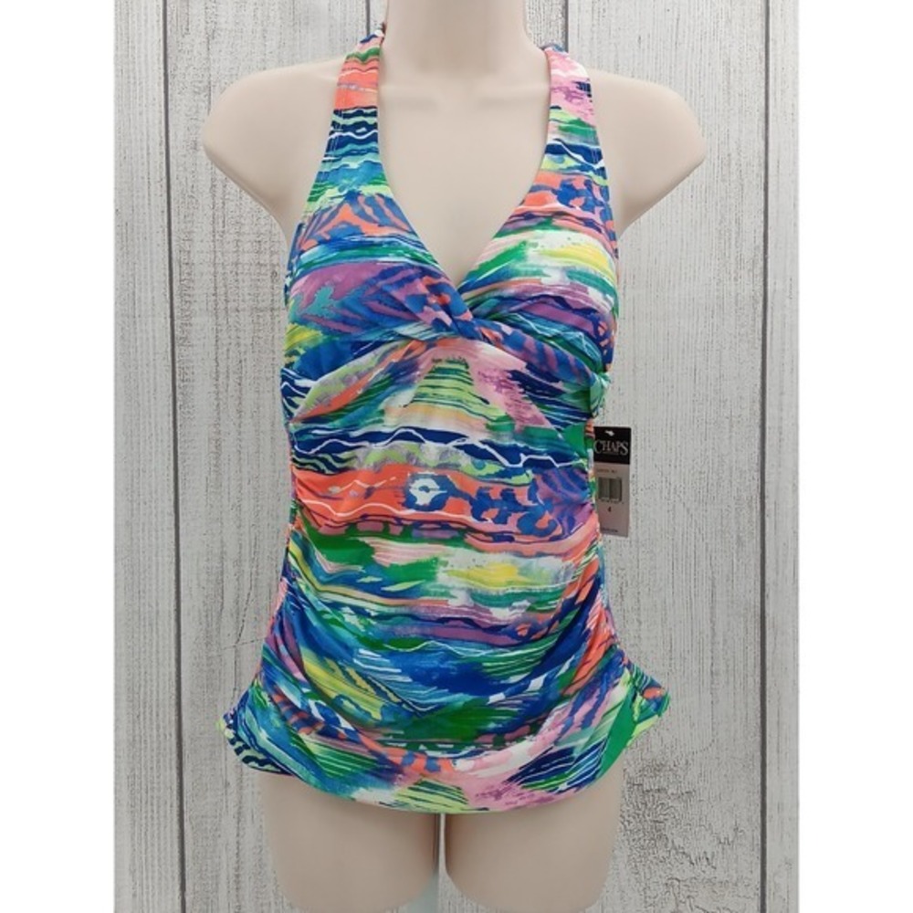 Chaps Woman's Halter Tankini Swimsuit Top, Pink/Ikat Stripe, Size 4